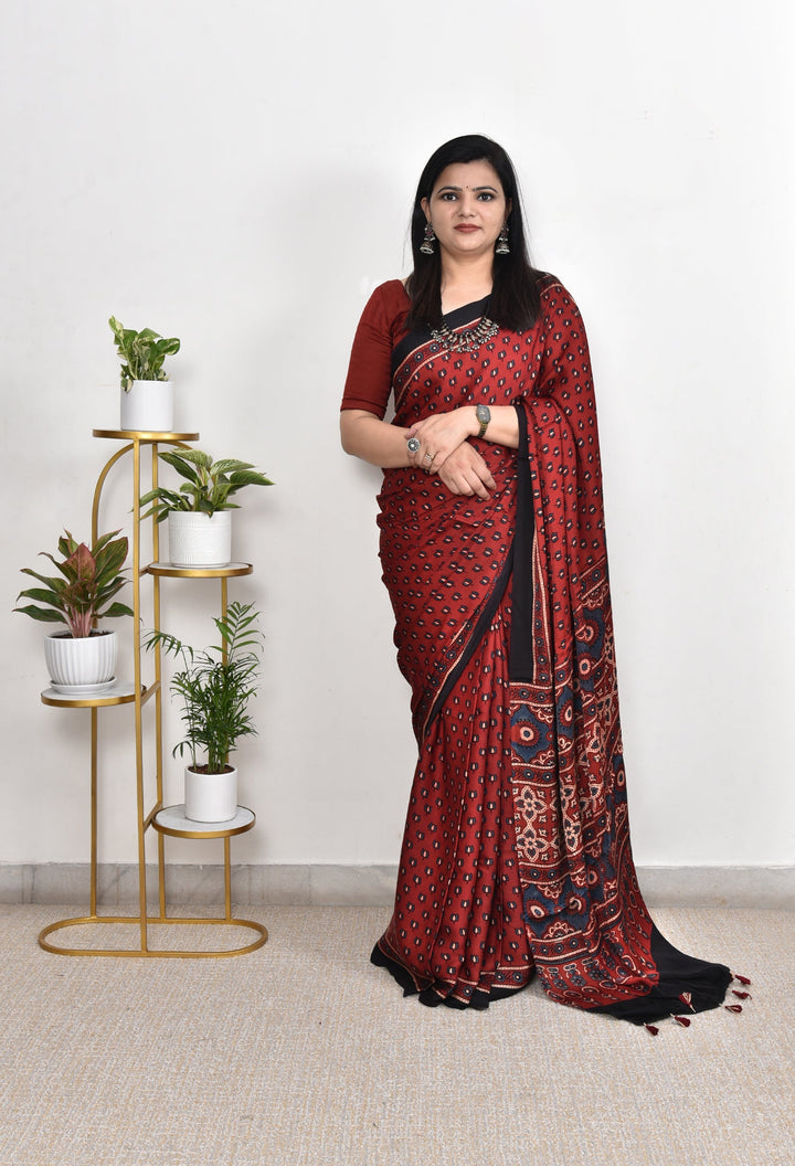 BHANUMATI : AJRAKH HANDBLOCK MODAL SILK SAREE