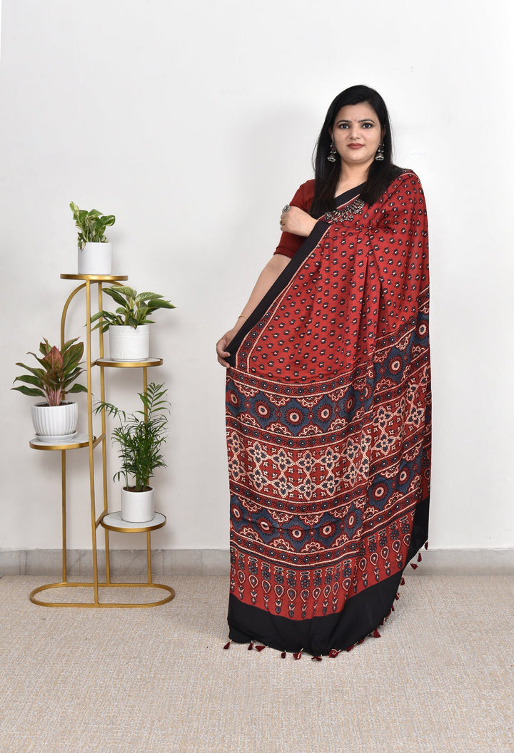 BHANUMATI : AJRAKH HANDBLOCK MODAL SILK SAREE