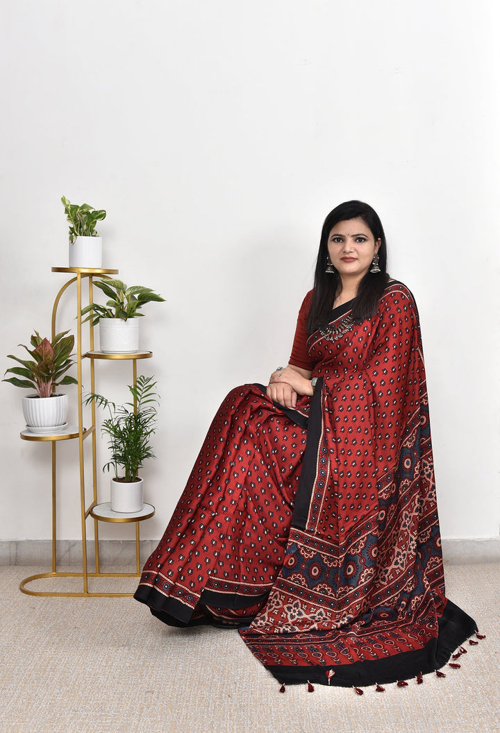 BHANUMATI : AJRAKH HANDBLOCK MODAL SILK SAREE