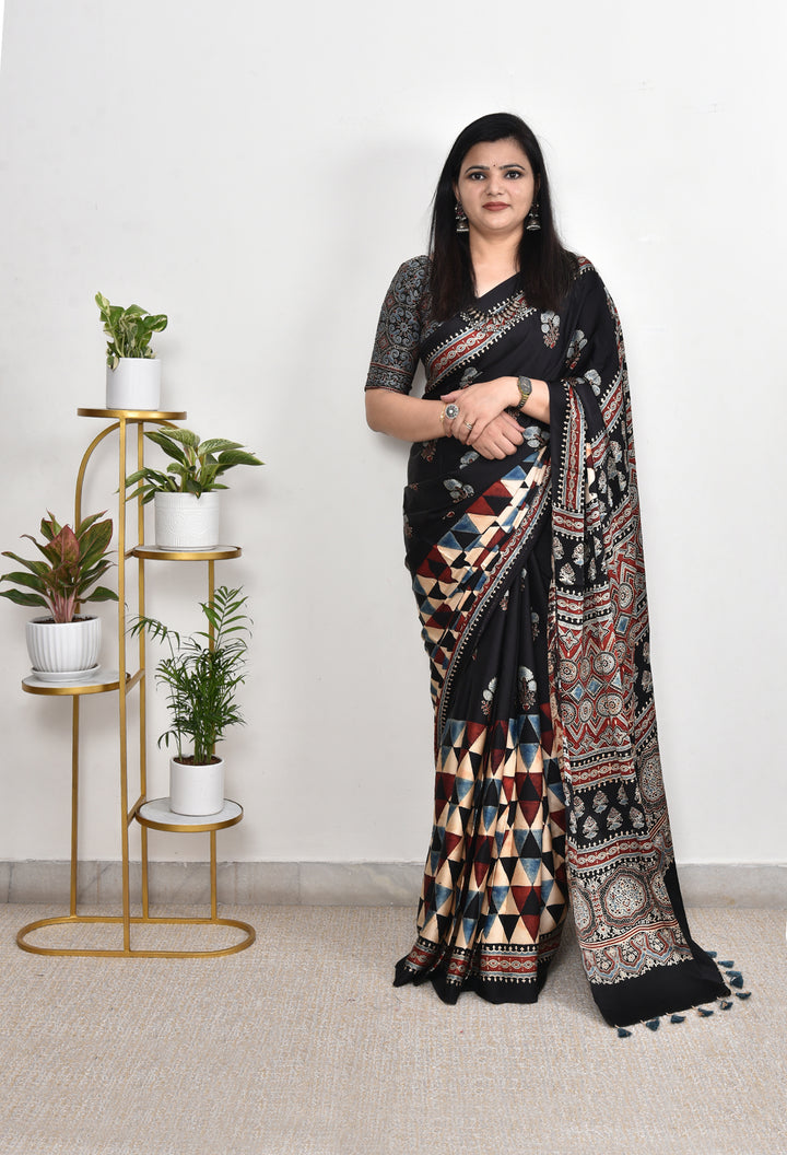 GARGI : AJRAKH HANDBLOCK MODAL SILK SAREE