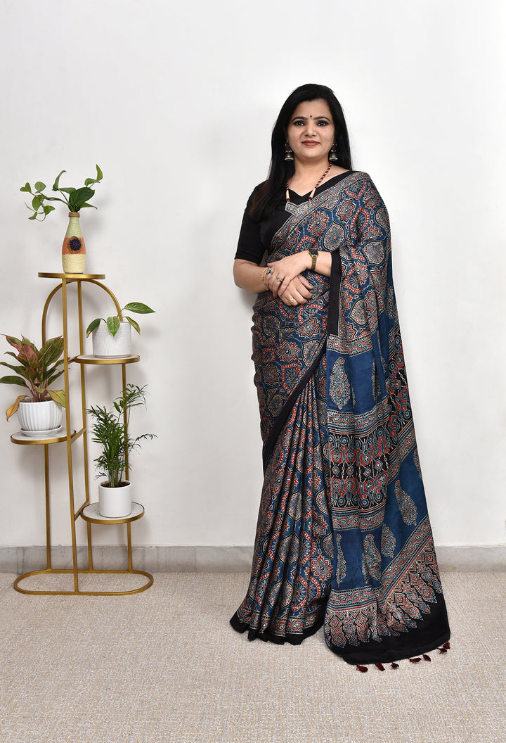 KAMAKSHI : AJRAKH HANDBLOCK  MODAL SILK SAREE