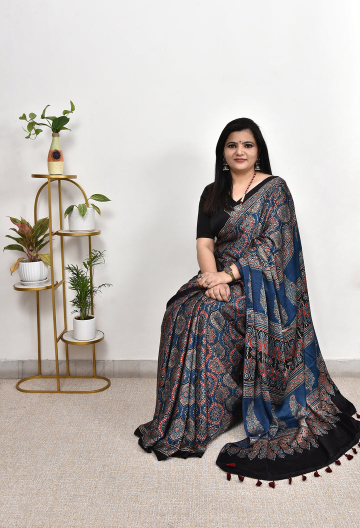 KAMAKSHI : AJRAKH HANDBLOCK  MODAL SILK SAREE