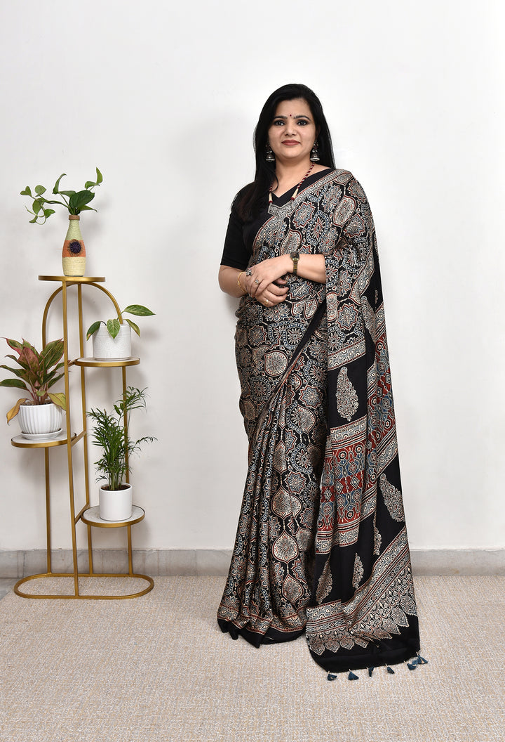 REVATI : AJRAKH HANDBLOCK MODAL SILK SAREE