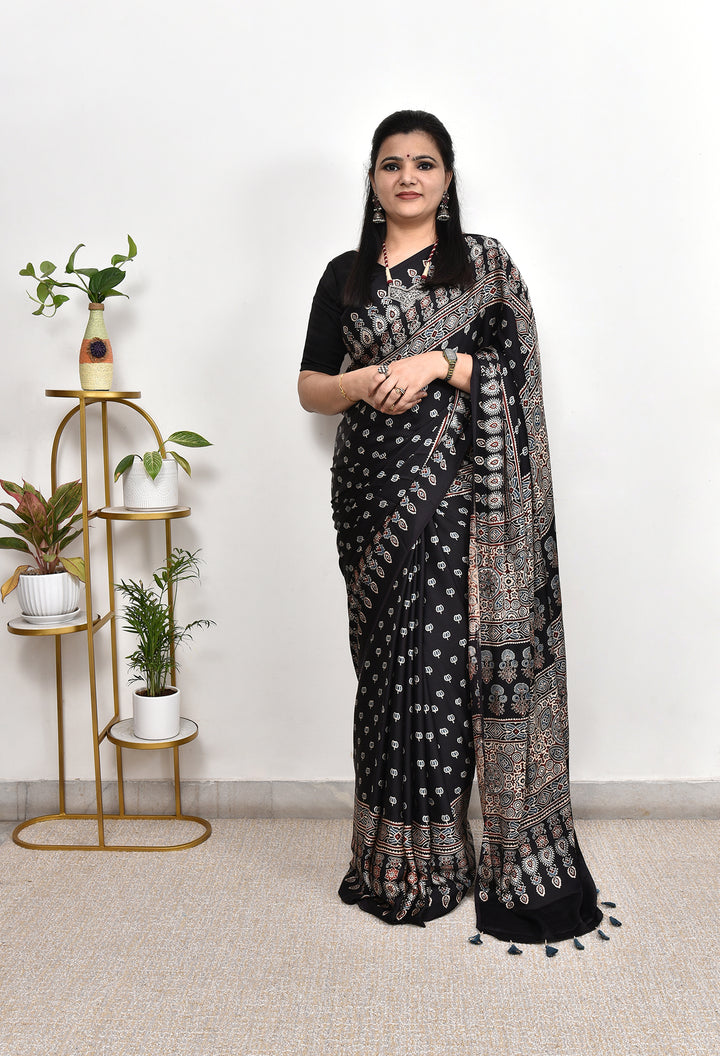 AAKRITI : AJRAKH HANDBLOCK  MODAL SILK SAREE