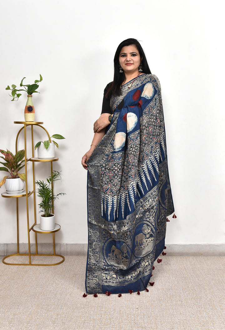 UPASANA : AJRAKH DOLA SILK SAREE WITH NAKSHI ZARI PALLU