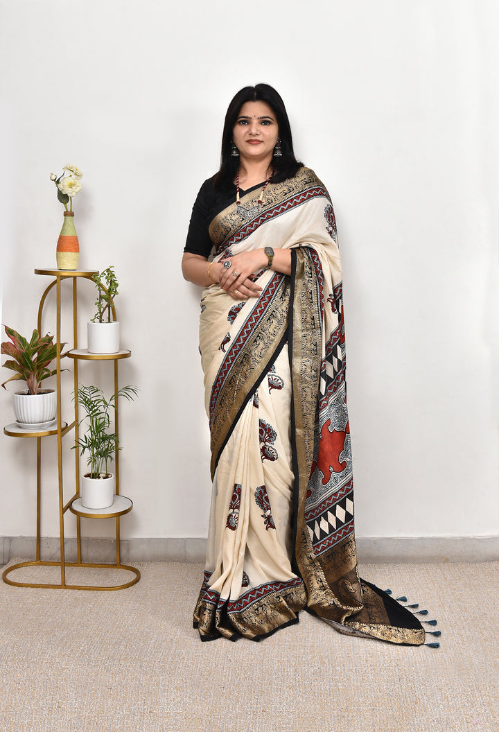 NAVYA : AJRAKH DOLA SILK SAREE WITH NAKSHI ZARI PALLU