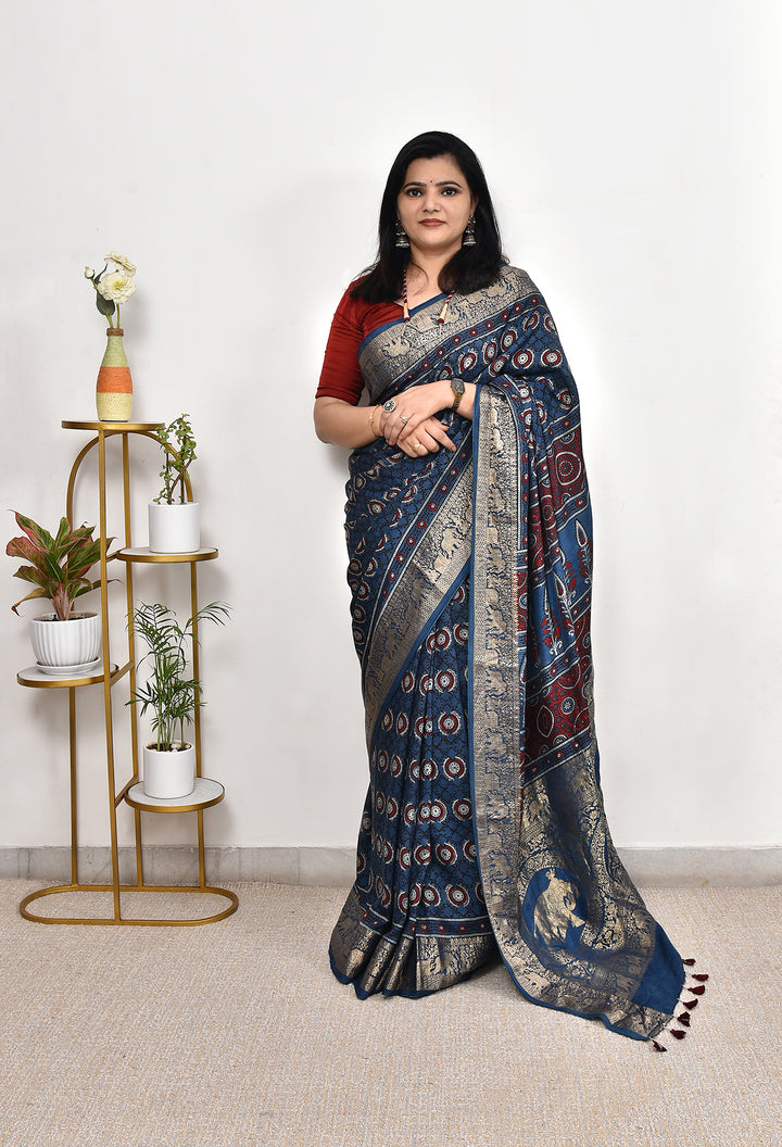 JHANVI : AJRAKH DOLA SILK SAREE WITH NAKSHI ZARI PALLU