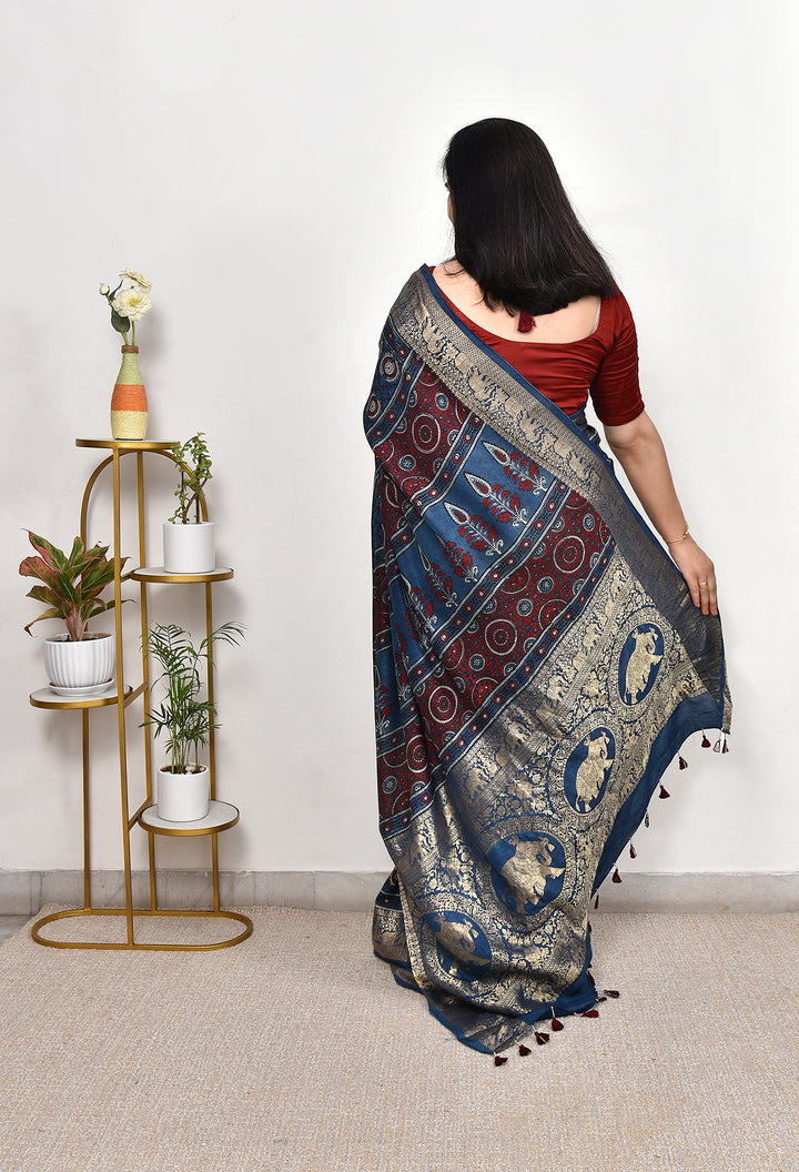 JHANVI : AJRAKH DOLA SILK SAREE WITH NAKSHI ZARI PALLU