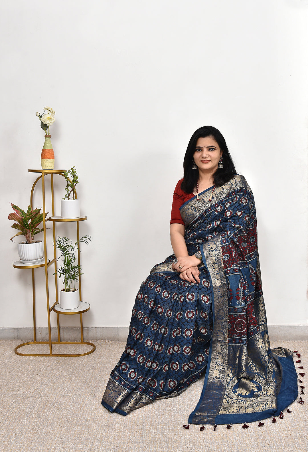 JHANVI : AJRAKH DOLA SILK SAREE WITH NAKSHI ZARI PALLU