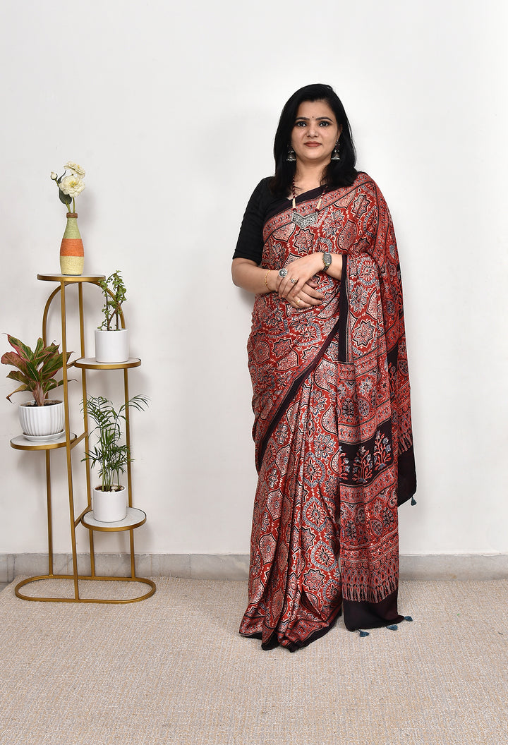 MIHIKA : AJRAKH HANDBLOCK  MODAL SILK SAREE