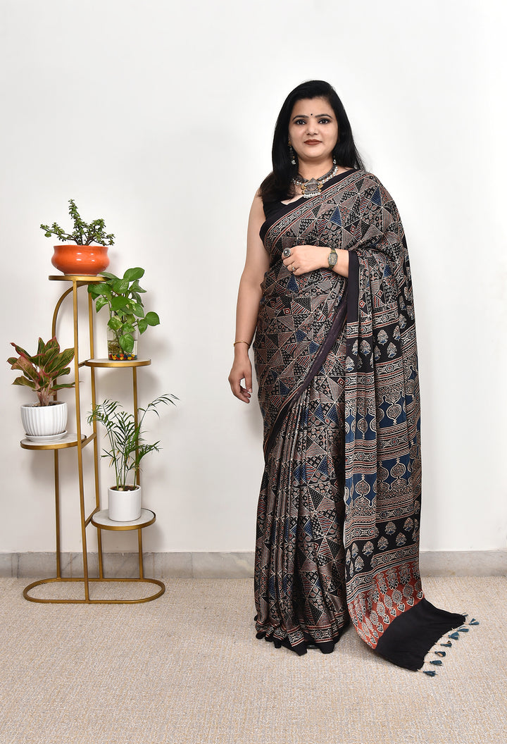 PADMINI : AJRAKH HANDBLOCK  MODAL SILK SAREE