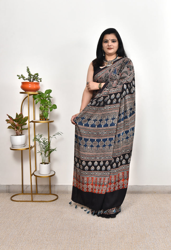 PADMINI : AJRAKH HANDBLOCK  MODAL SILK SAREE