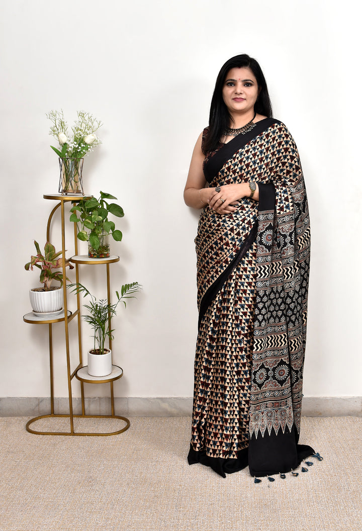 VASUDHA : AJRAKH HANDBLOCK  MODAL SILK SAREE