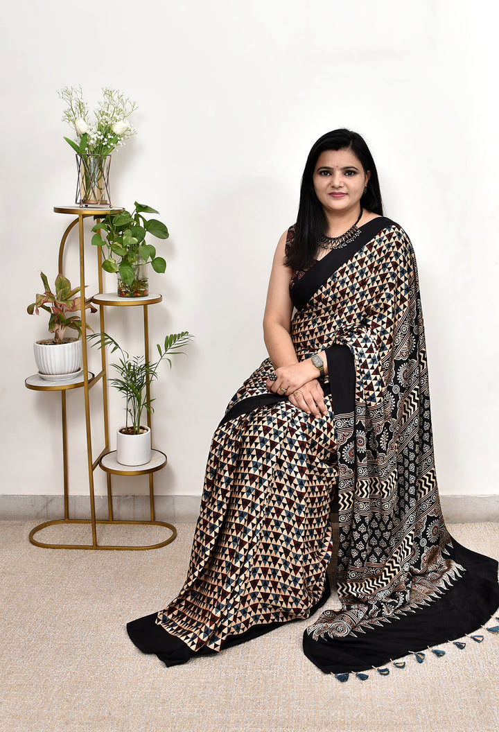 VASUDHA : AJRAKH HANDBLOCK  MODAL SILK SAREE