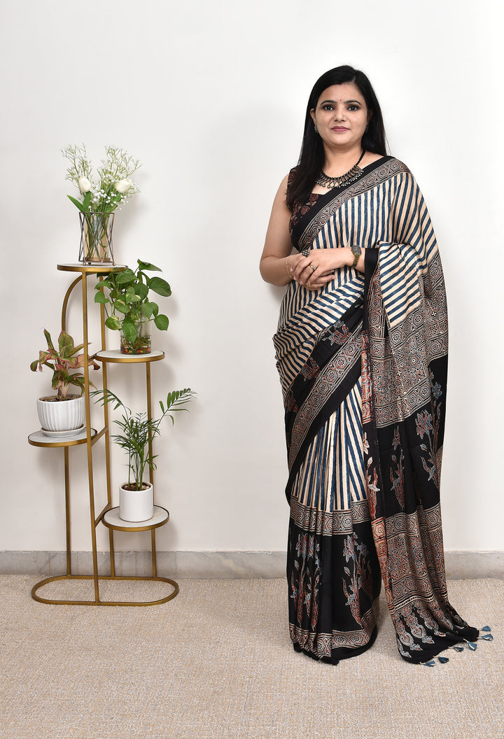 PIHU : AJRAKH HANDBLOCK MODAL SILK SAREE