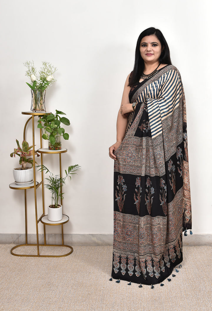 PIHU : AJRAKH HANDBLOCK MODAL SILK SAREE