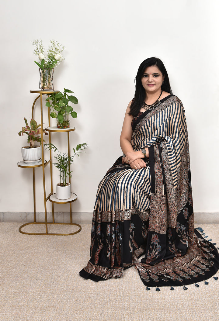 PIHU : AJRAKH HANDBLOCK MODAL SILK SAREE