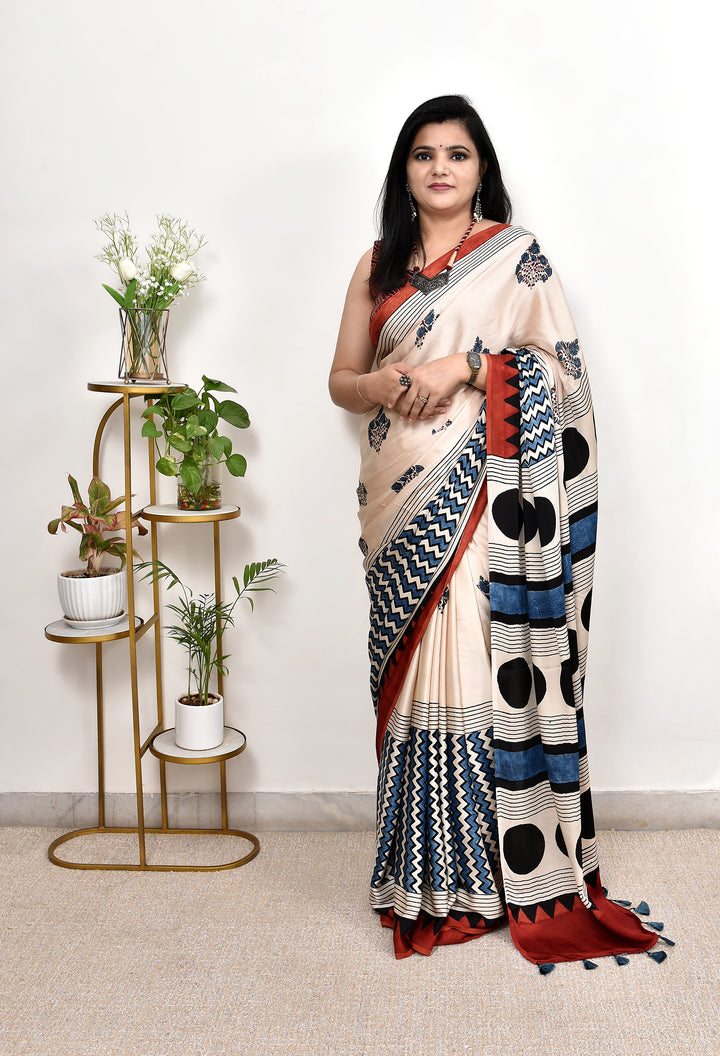 PRISHA : AJRAKH HANDBLOCK MODAL SILK SAREE