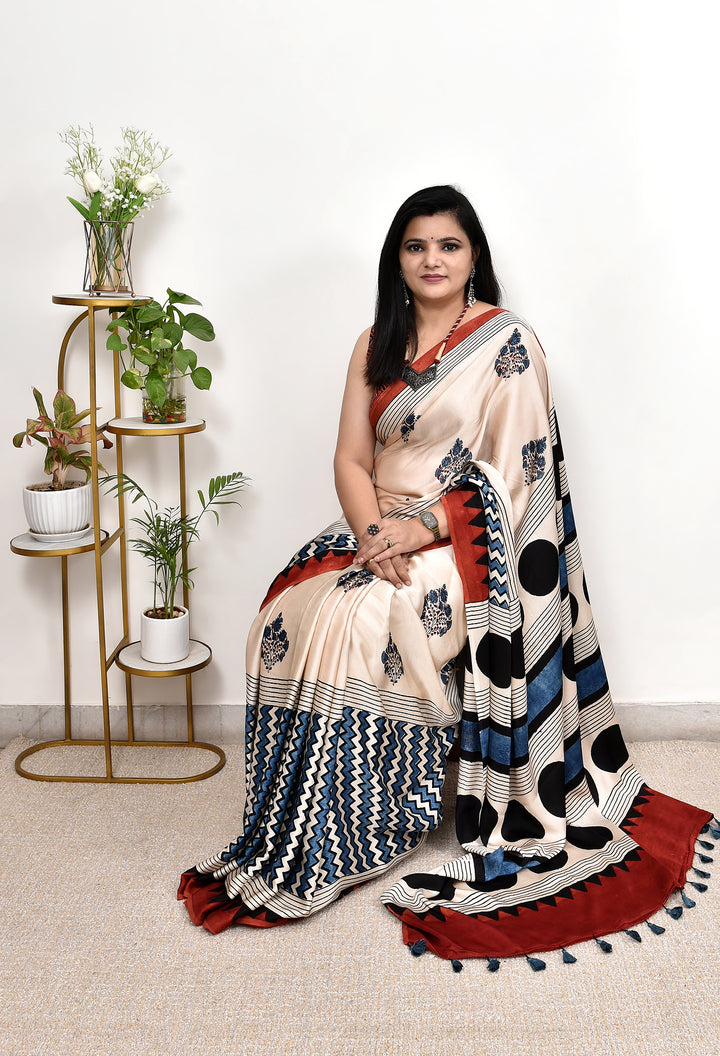 PRISHA : AJRAKH HANDBLOCK MODAL SILK SAREE