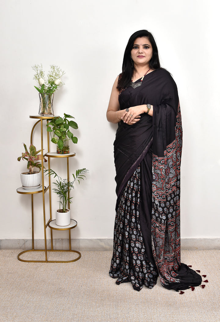 BHAVARI  : AJRAKH HANDBLOCK MODAL SILK SAREE