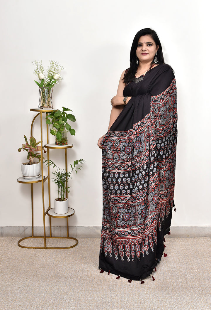 BHAVARI  : AJRAKH HANDBLOCK MODAL SILK SAREE