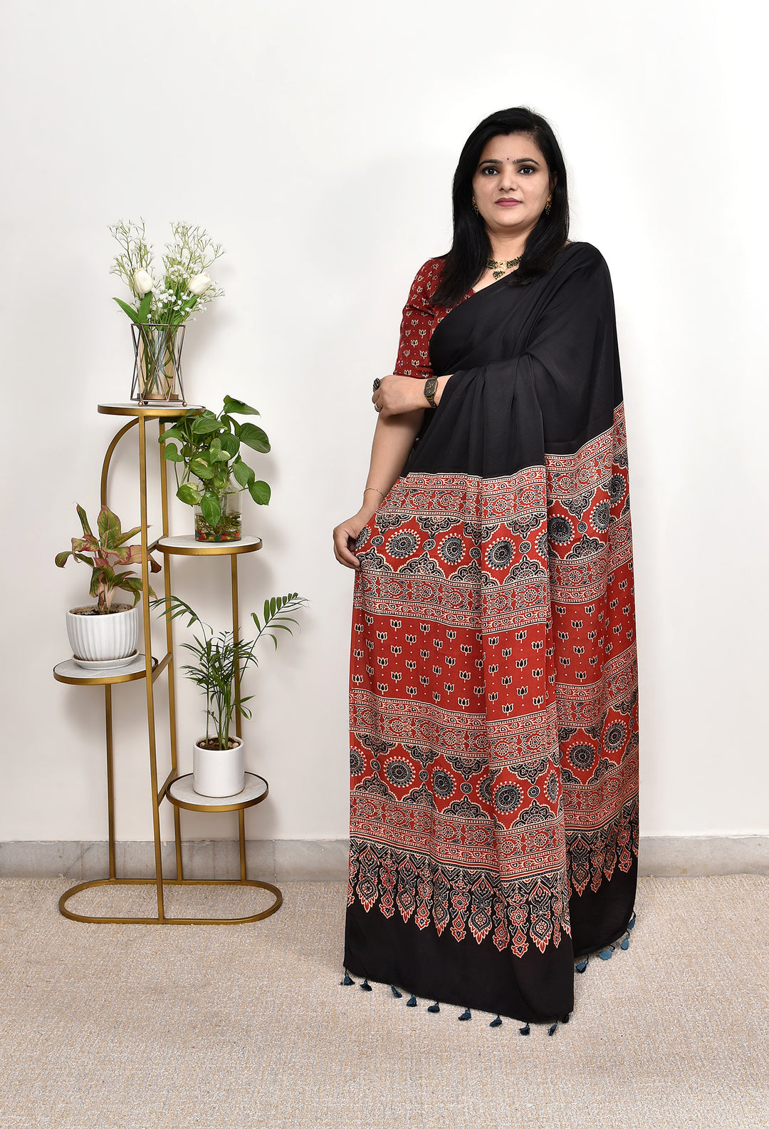 PRANAVI : AJRAKH HANDBLOCK MODAL SILK SAREE