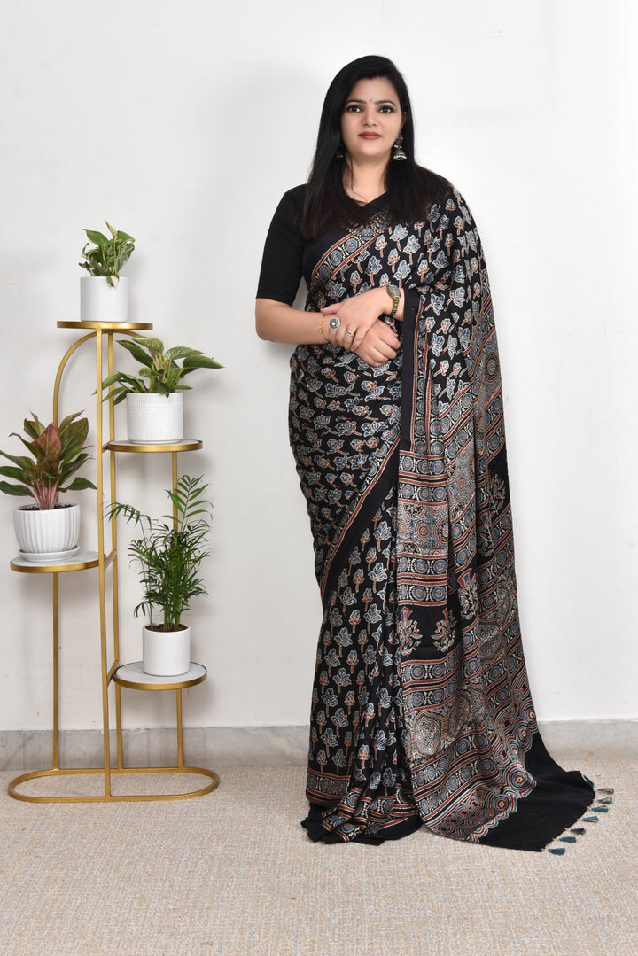 BINDIYA : AJRAKH HANDBLOCK  MODAL SILK SAREE