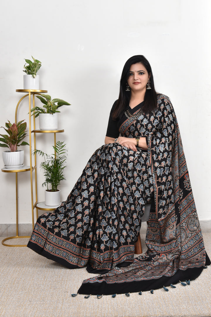 BINDIYA : AJRAKH HANDBLOCK  MODAL SILK SAREE